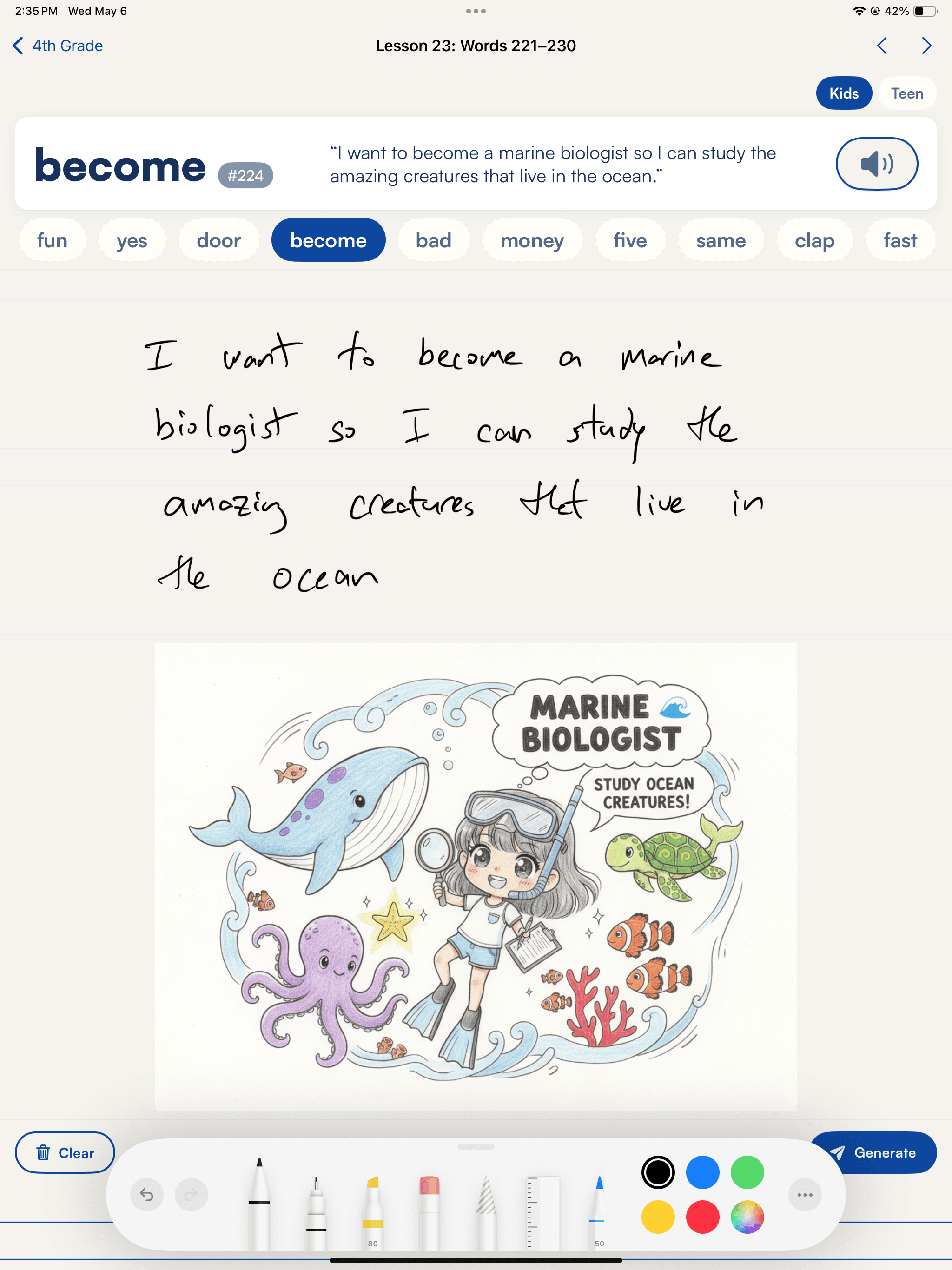 A 4th grader's handwritten sentence: 'I want to become a marine biologist so I can study the amazing creatures that live in the ocean.', with Rumo's drawing rendered next to it.