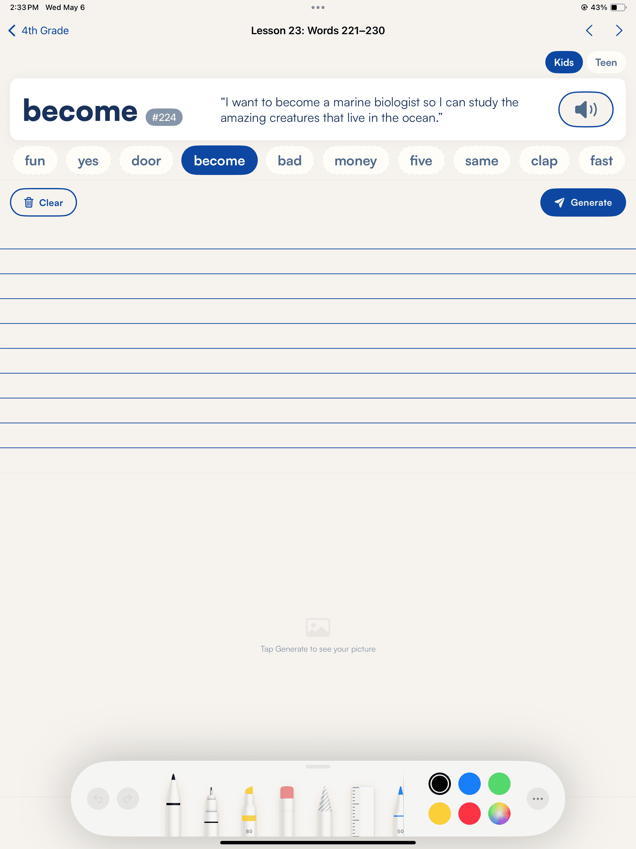 4th grade lesson card in the Rumo app, showing how the conjunction 'so' connects a goal with its reason.