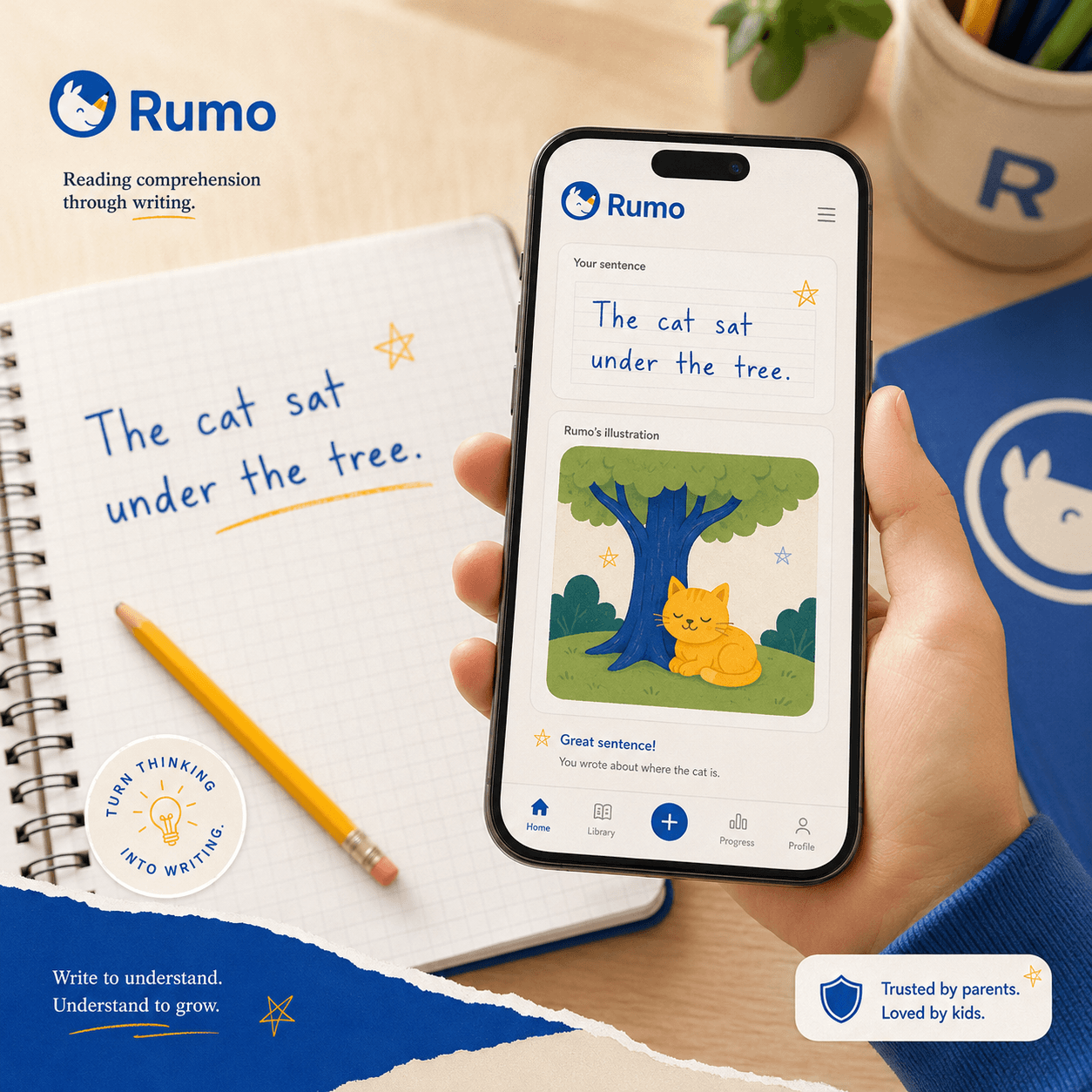 A phone photographing a page of handwritten words in a Rumo notebook
